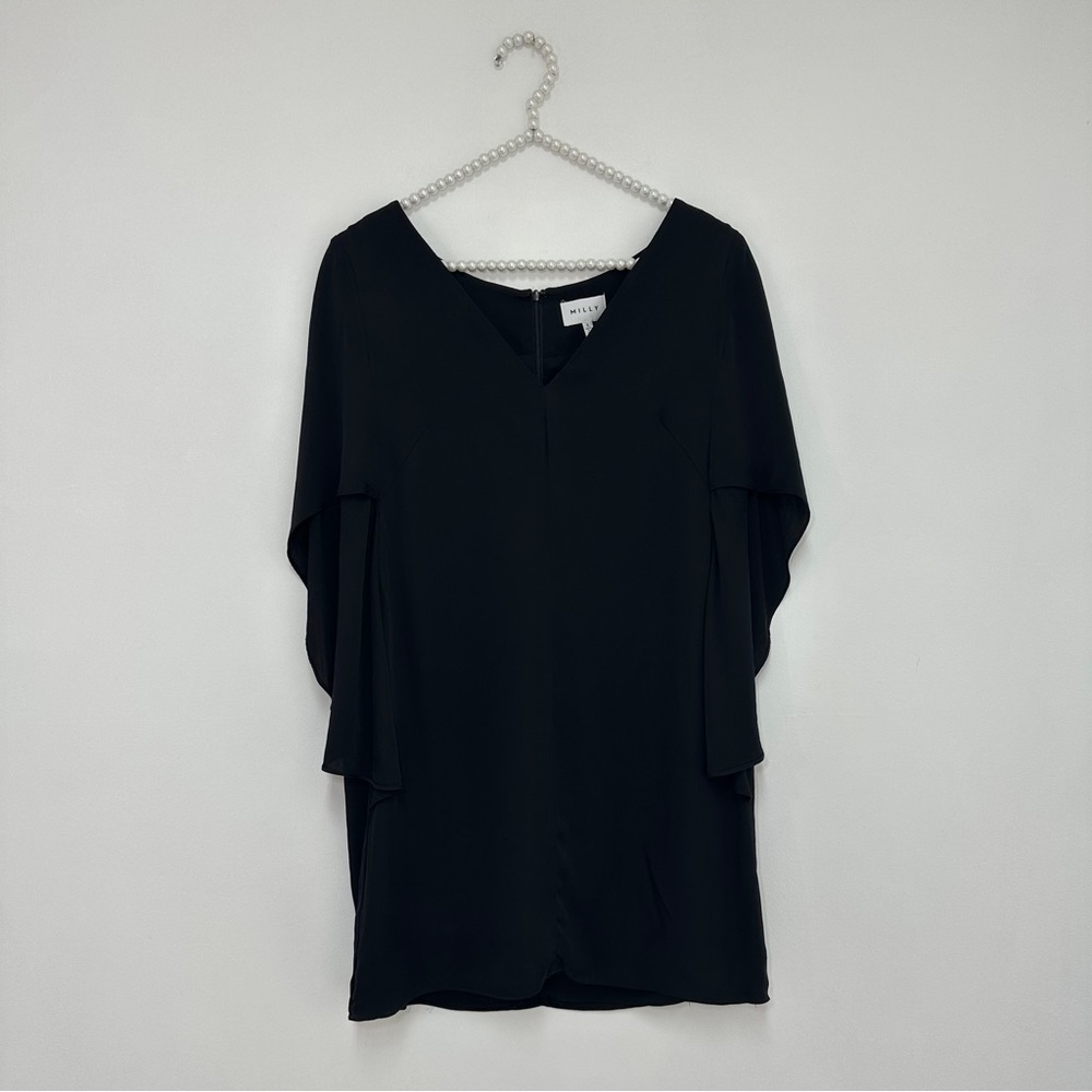 Milly Silk V-Neck Butterfly Sleeve Mini Dress in Black - Picture 3 of 8